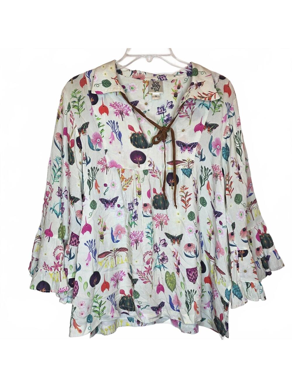 Ivy Jane Floral Butterfly Peasant Blouse Size Small Long Sleeve Colorful Prairie